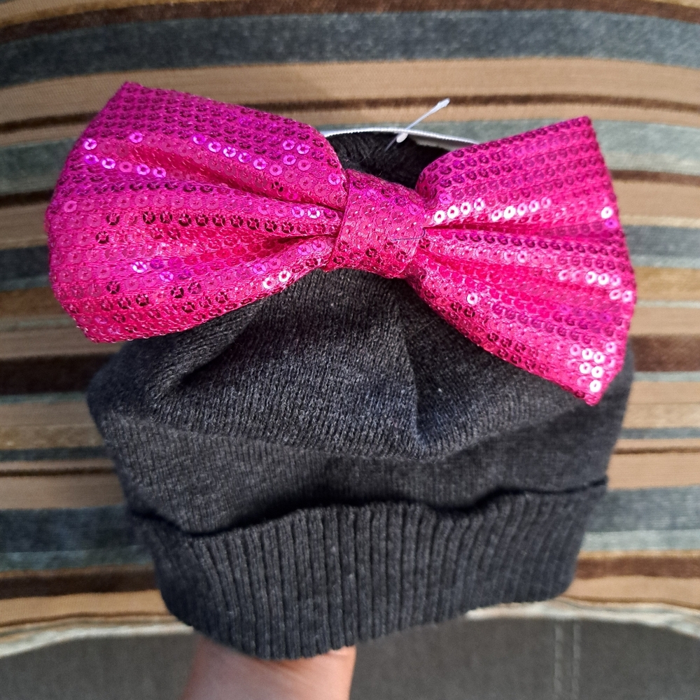 Sequin Bow Kids Beanie - Pink and Gray